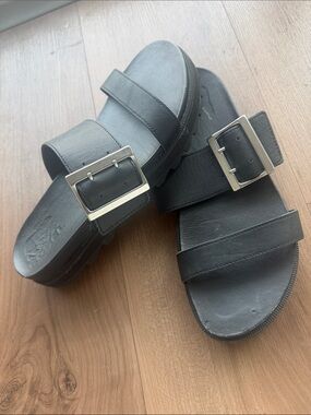 Sorel Black Double-Strap Slide Sandals with Silver Buckles